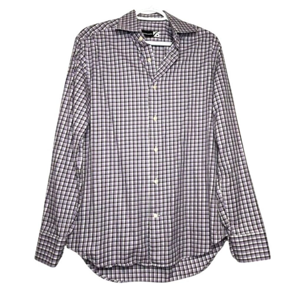 Saks Fifth Avenue Dress Shirt Mens 15 1/2 Purple Plaid Preppy Cotton Long Sleeve